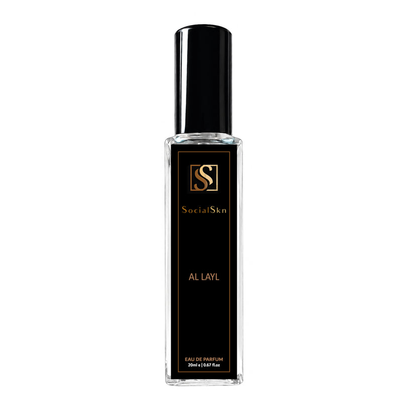Socialskn AL LAYL EDP 20ml inspired by Louis Vuitton Ombre Nomade. A smoky oud rose woody long-lasting unisex luxury perfume