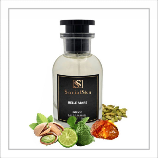 Perfume bottle labeled 'SocialSkn Belle Mare' with botanical elements on a white background