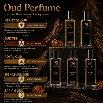 Heritage Oud
Inspired by MFK Oud Satin Mood 
Top Notes: Bulgarian Rose, Violet, Strawberry
Middle Notes:  Turkish Rose 
Base Notes: Agarwood (Oud), Vanilla, Amber, Benzoin, Caramel, Cedar

Zarian Oud
Inspired by Creed Oud Zarian
Top Notes: Spices, Frankincense, Ginger, Bergamot; 
Middle Notes: May Rose
Base Notes: Licorice, Myrrh, Oud, Tonka Bean, sandalwood, Patchouli

Signature Oud
Inspired by Tom Ford Oud Voyager 
Top Notes: Geranium, Pink Pepper, Citrus 
Middle Notes: Red Peony, Cardamom, Saffron 
Base 