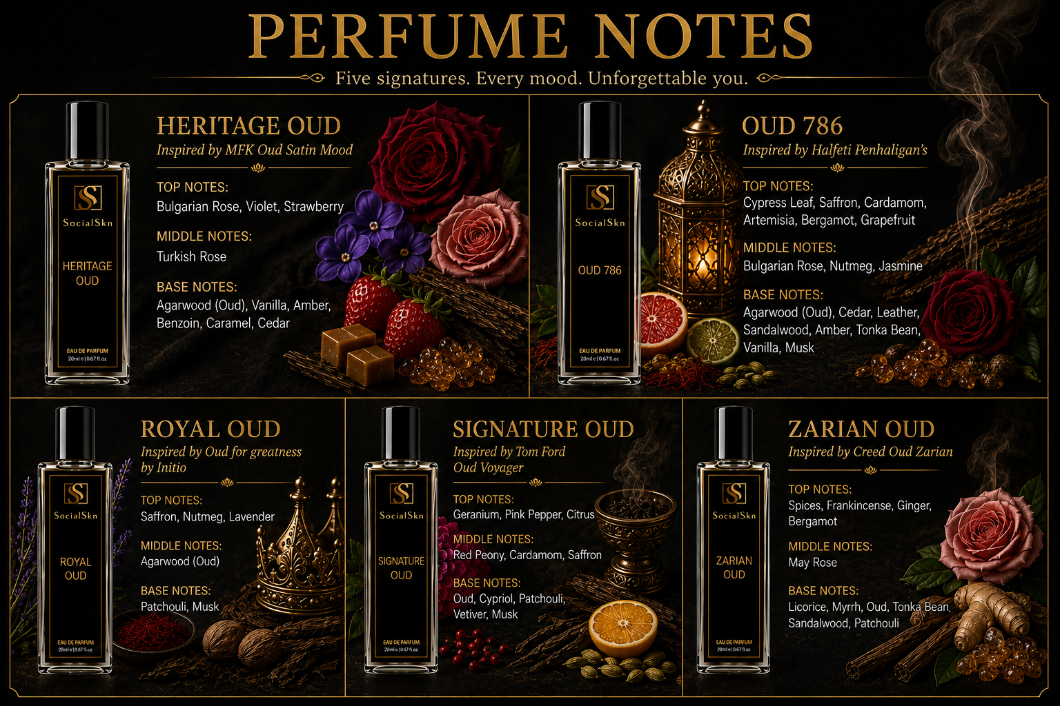 Heritage Oud
Inspired by MFK Oud Satin Mood 
Top Notes: Bulgarian Rose, Violet, Strawberry
Middle Notes:  Turkish Rose 
Base Notes: Agarwood (Oud), Vanilla, Amber, Benzoin, Caramel, Cedar

Zarian Oud
Inspired by Creed Oud Zarian
Top Notes: Spices, Frankincense, Ginger, Bergamot; 
Middle Notes: May Rose
Base Notes: Licorice, Myrrh, Oud, Tonka Bean, sandalwood, Patchouli

Signature Oud
Inspired by Tom Ford Oud Voyager 
Top Notes: Geranium, Pink Pepper, Citrus 
Middle Notes: Red Peony, Cardamom, Saffron 
Base 