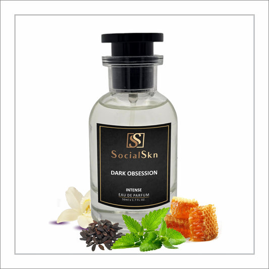 Perfume bottle labeled 'SocialSkn Dark Obsession' with natural elements on a white background